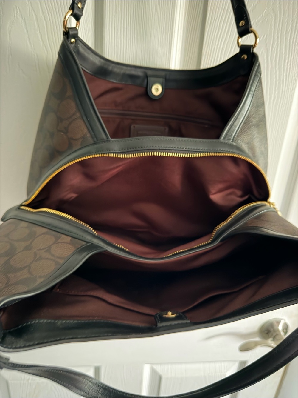 Coach Dark Brown Signature Canvas Shoulder Bag with Black Trim - Picture 12 of 16